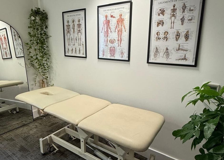 Calming treatment room at The Body Formulae, London, England, GB, with anatomy posters and greenery.