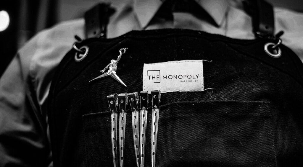 Close-up of Themonopolybarbershop apron with clips in Sofia, Sofia City Province, BG.