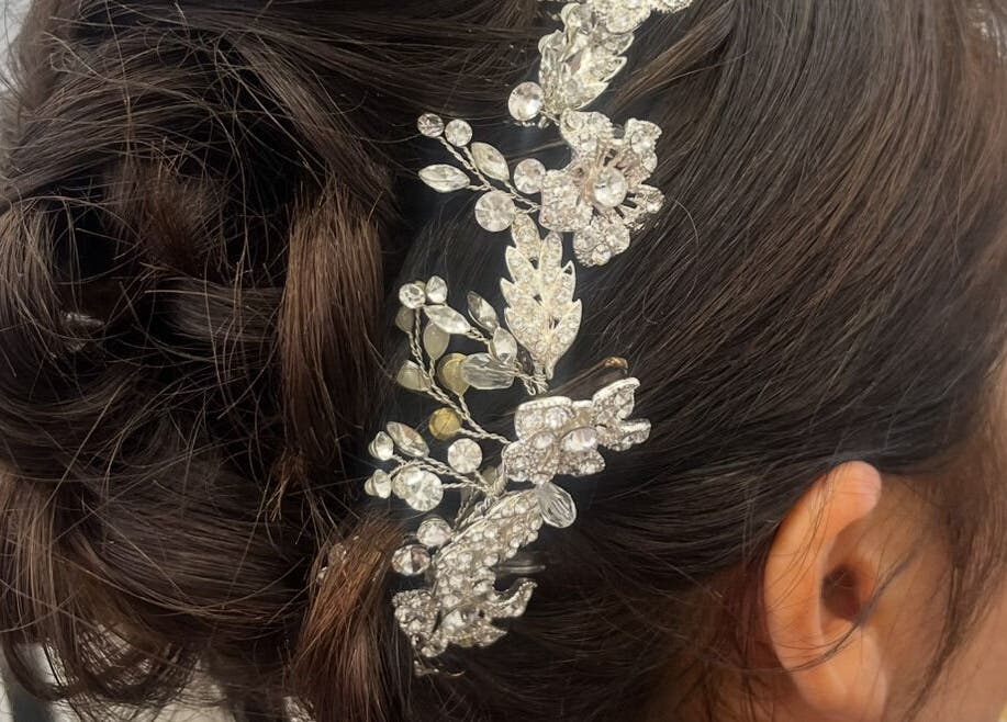 Intricate bridal hairpiece at Hair by Gillian Edmonstone, Banchory, Scotland, GB.