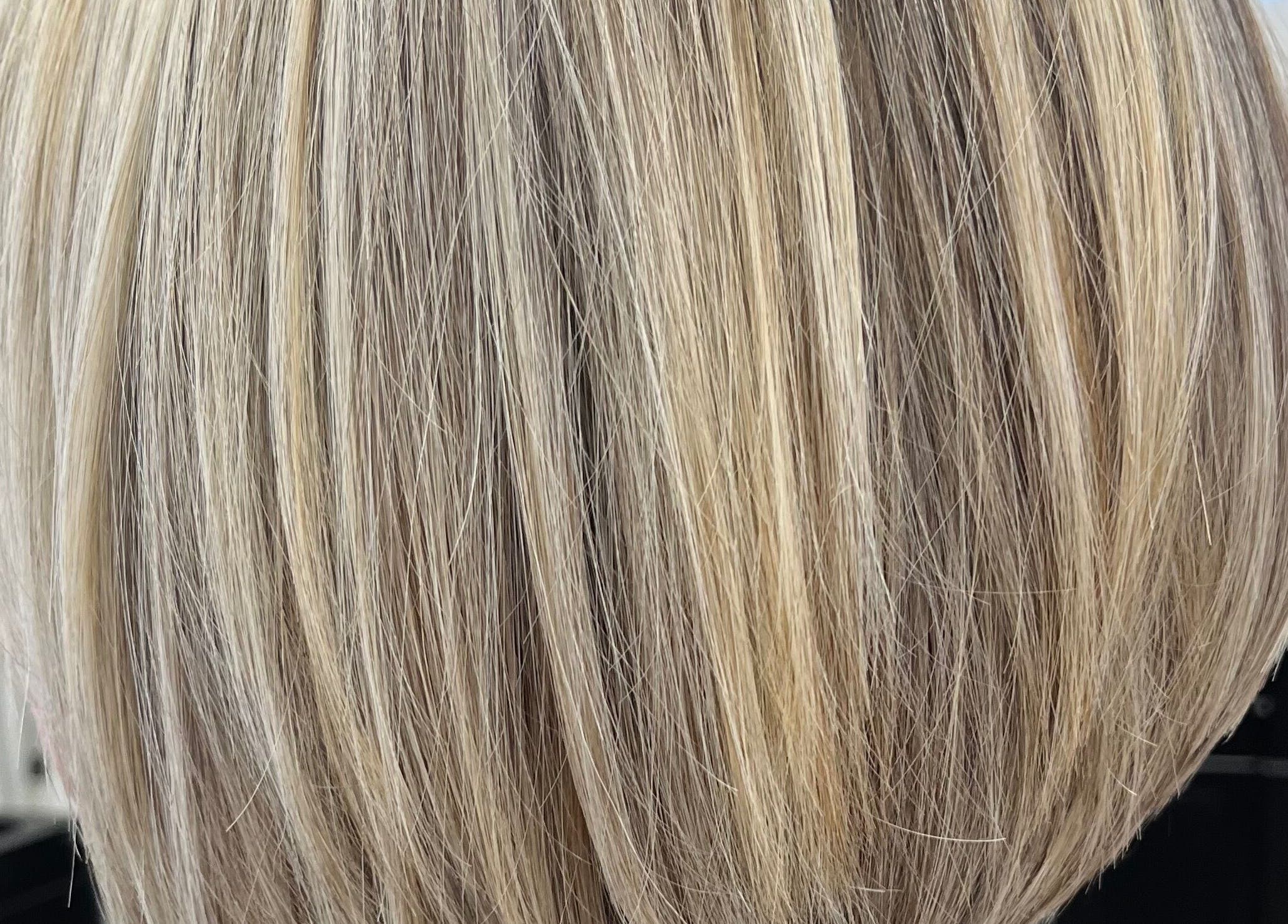 Back view of a blonde bob haircut at Hair by Gillian Edmonstone, Banchory, Scotland, GB.