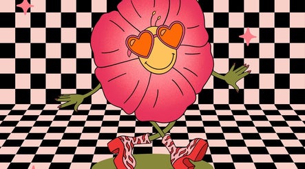 Illustration artistique d'une fleur dansante à Hollyhock, Montréal, Québec, CA, sur fond à damier.