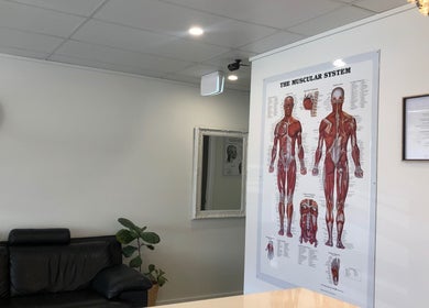 Relaxing seating area at SENSES WELLNESS INVERELL with anatomy chart, Inverell, New South Wales, AU.