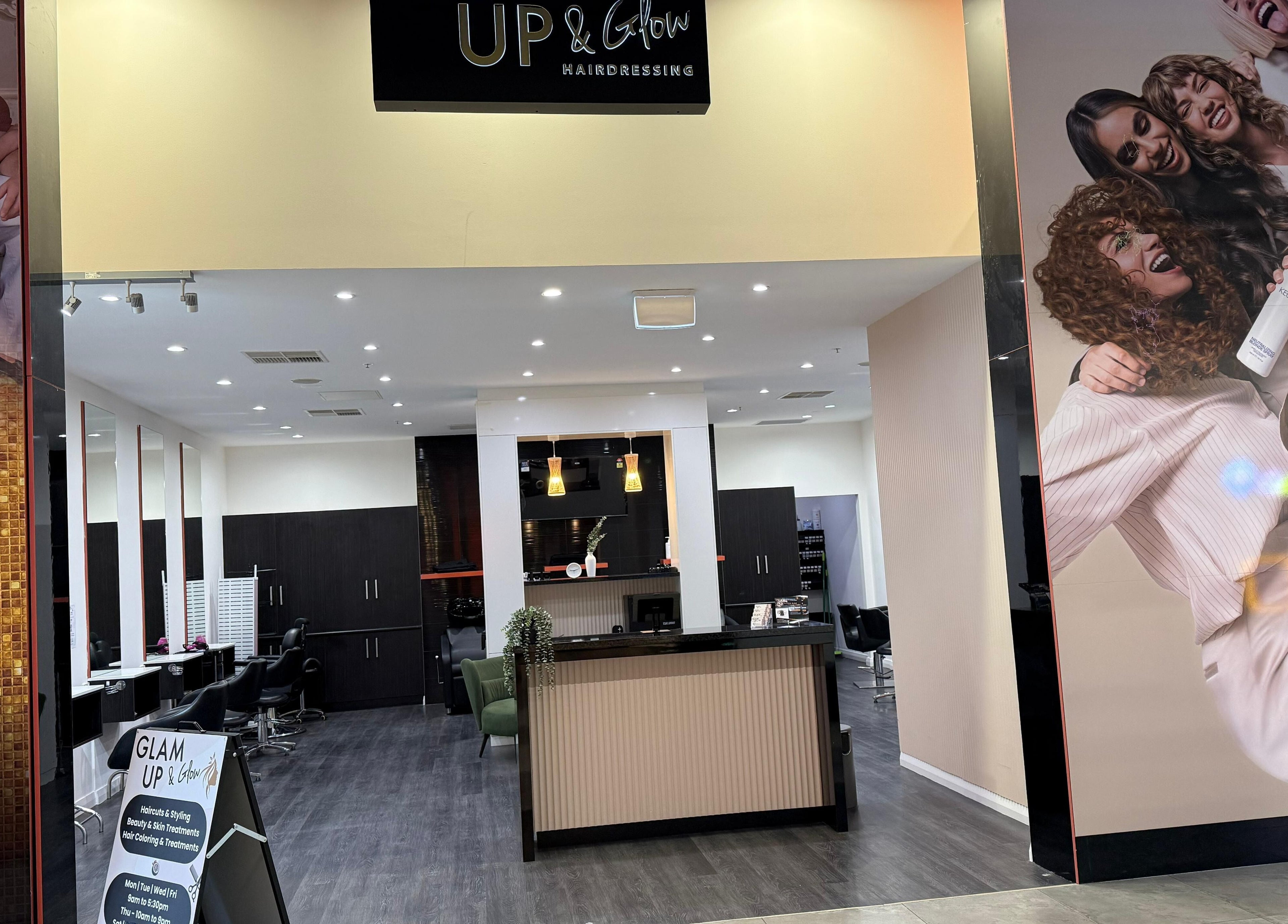Modern salon entrance at Glam up and Glow, Gilles Plains, South Australia, AU, featuring sleek interior design.