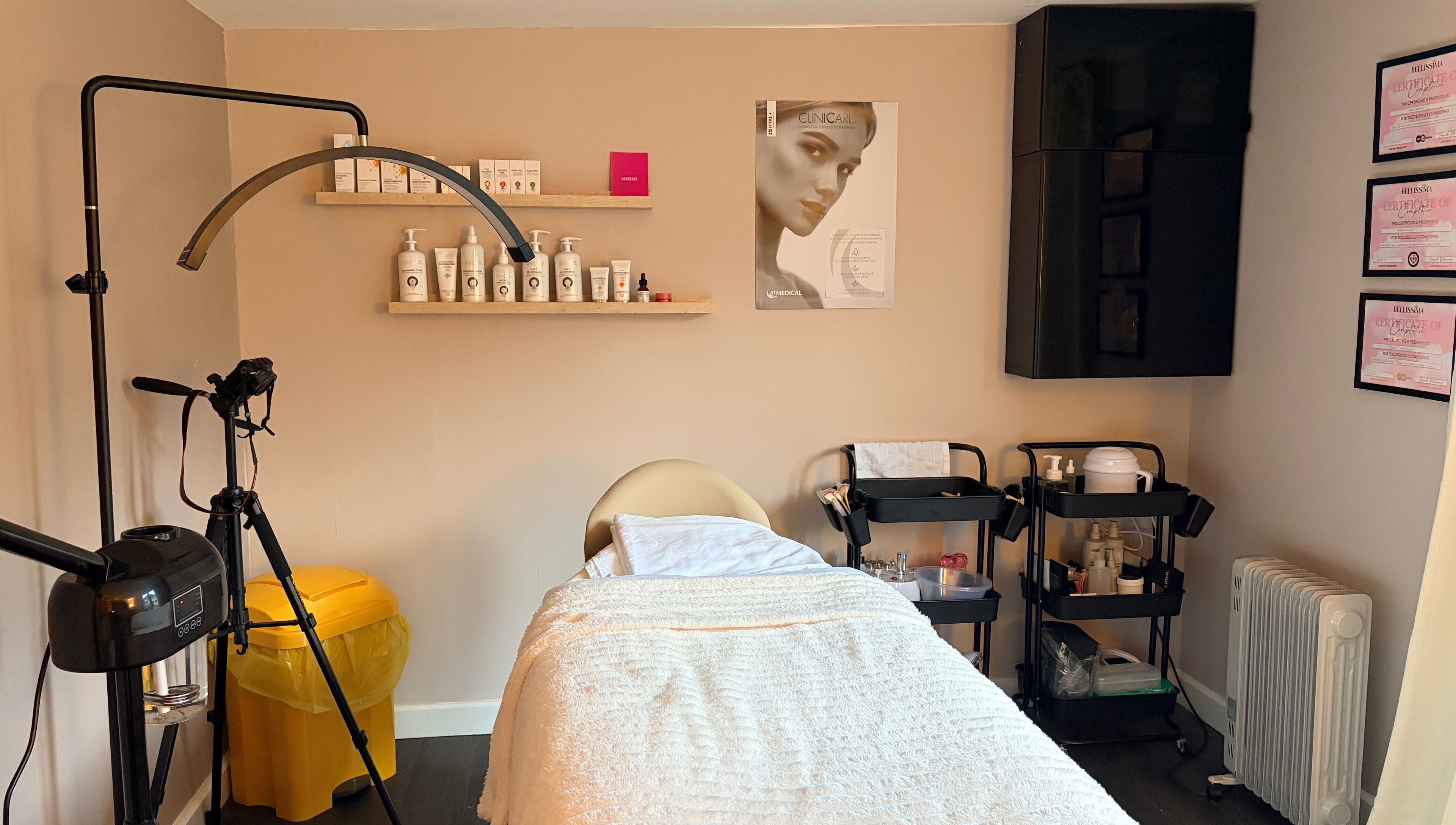 Calm treatment room at Glow Beauty by Sian, featuring soft lighting and professional skincare products in Solihull, England, GB.