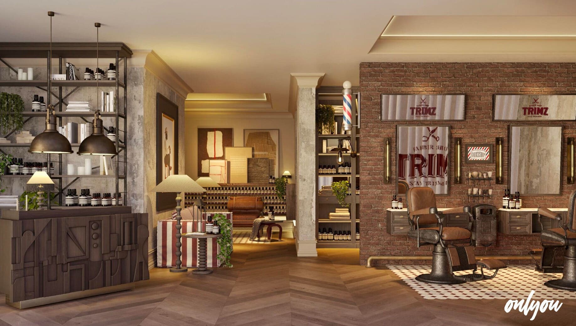 Vintage barbershop interior at Trimz, Riyadh, Riyadh Province, SA featuring rustic decor and styling chairs.