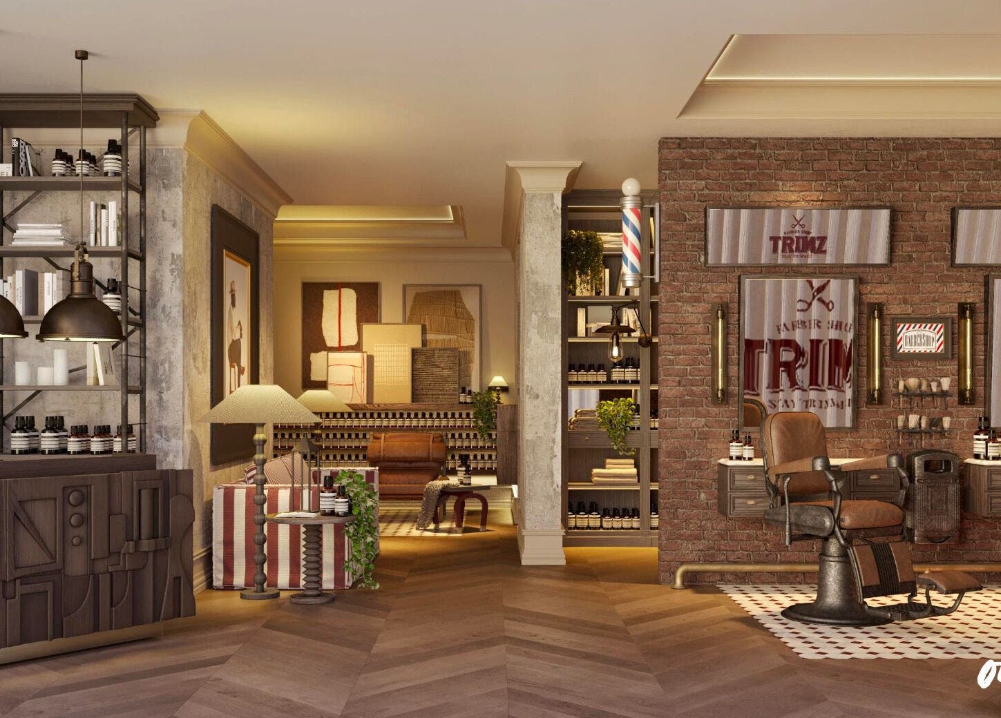 Vintage barbershop interior at Trimz, Riyadh, Riyadh Province, SA featuring rustic decor and styling chairs.