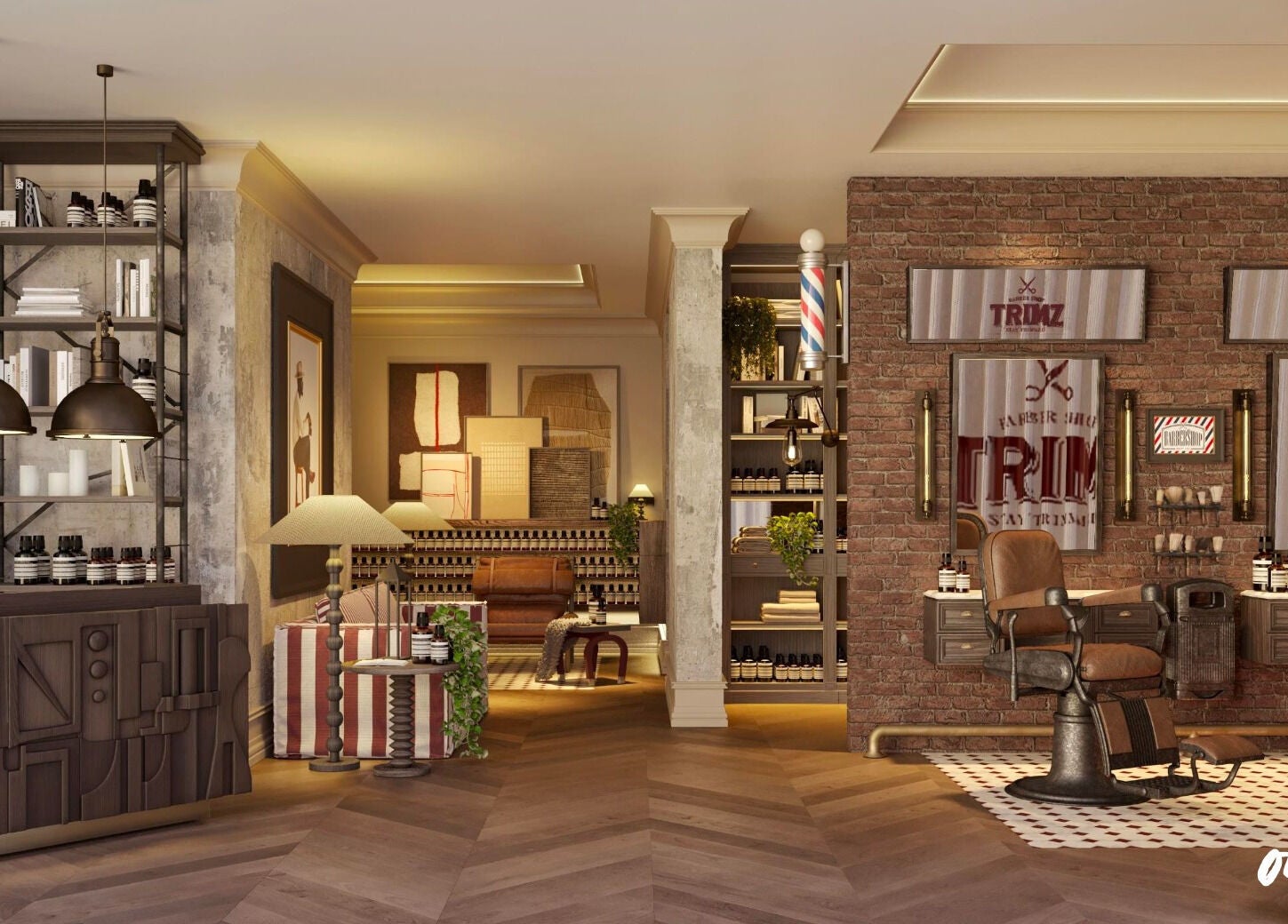 Vintage barbershop interior at Trimz, Riyadh, Riyadh Province, SA featuring rustic decor and styling chairs.