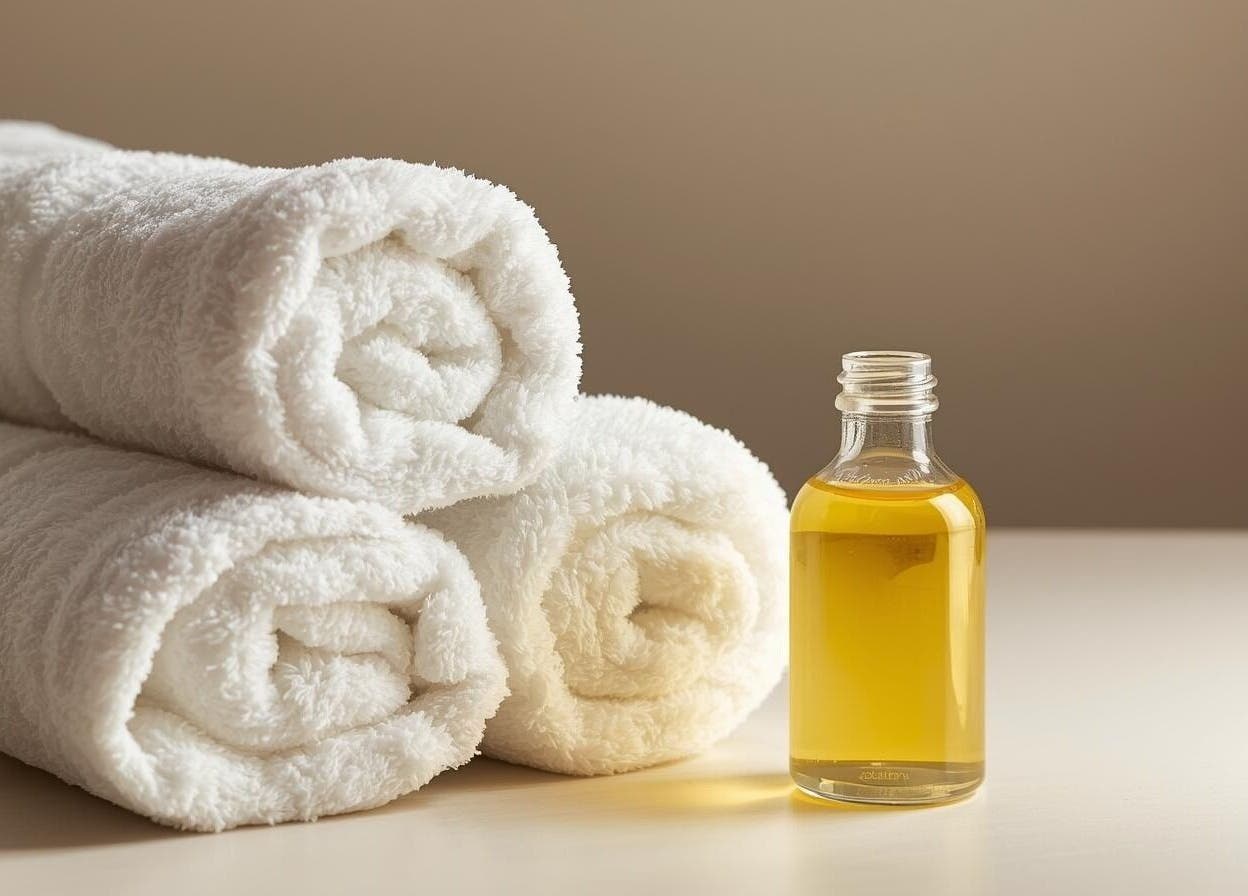 Serviettes et huile chez Institut beauté cachée, Pont-de-barret, Auvergne-rhône-alpes, FR pour détente ultime.