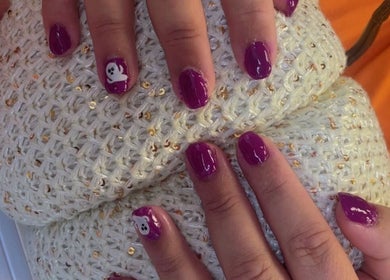 Stylish purple nails with ghost design at Beauty From The Art By Leigh Hannah, Stoke-on-Trent, England, GB.