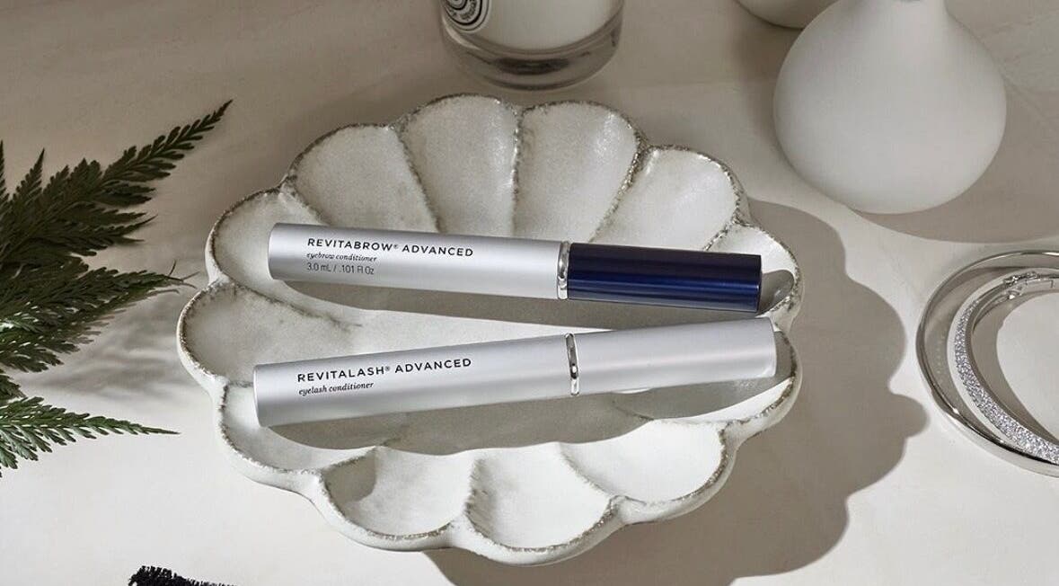 Revitalash products on elegant tray at Gloss Beauty Aesthetics, Peterborough, England, GB.