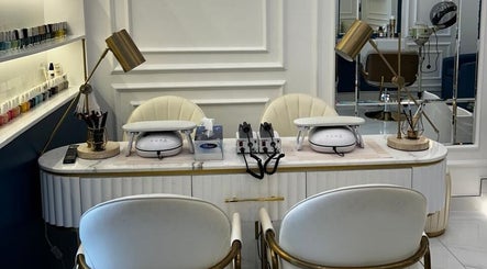 Elegant nail station at Lumiere Ladies Salon, Dubai, AE showcasing luxury manicure setup.