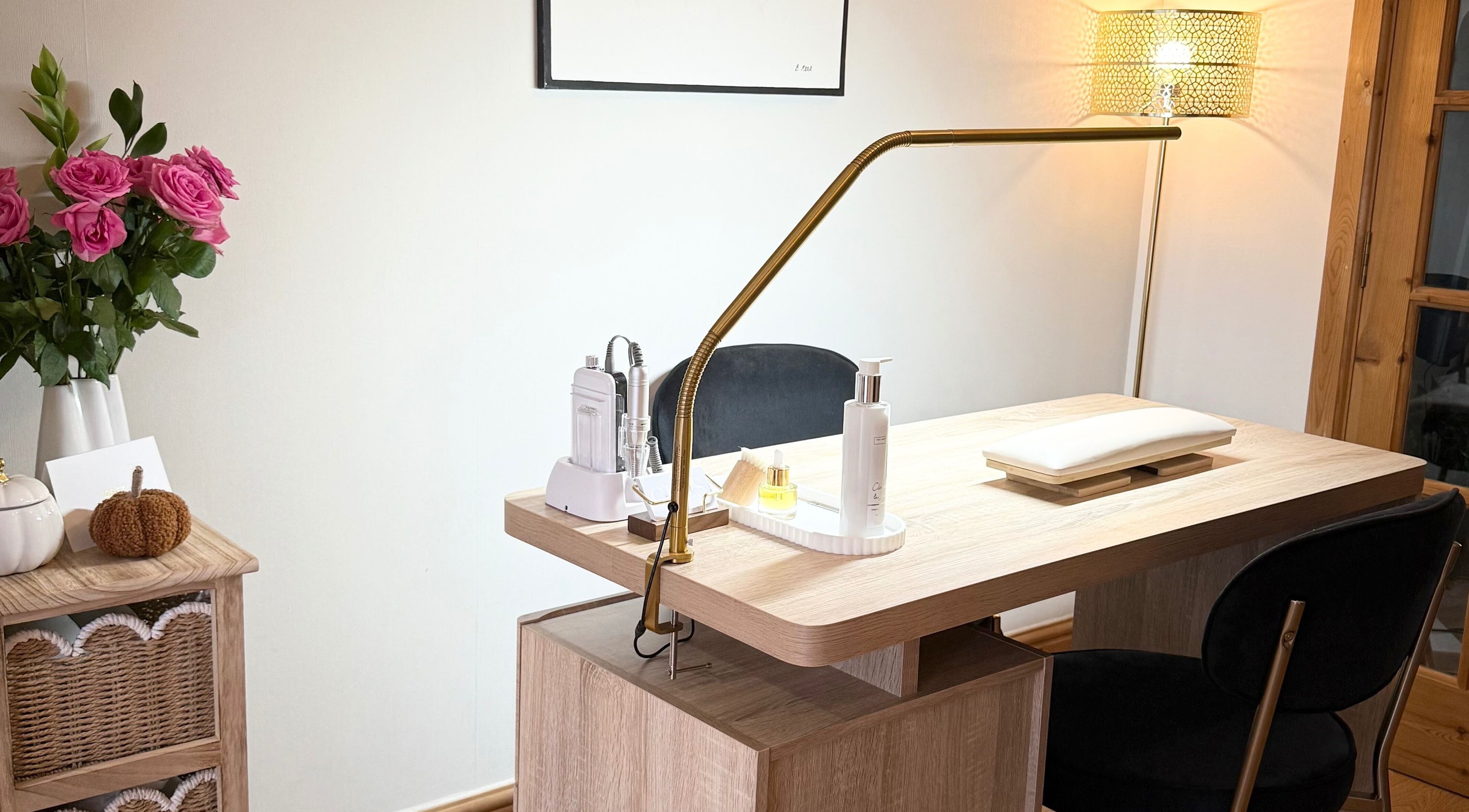 Elegant nail station at Gels By Bethan in Marske-by-the-sea, England, GB with modern decor and soft lighting.