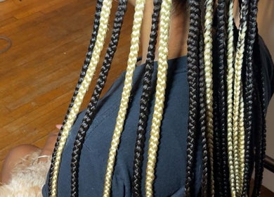 Stylish braided hairstyle at DoneByDeonne, Bronx, NY, US, showcasing intricate black and blonde braids.