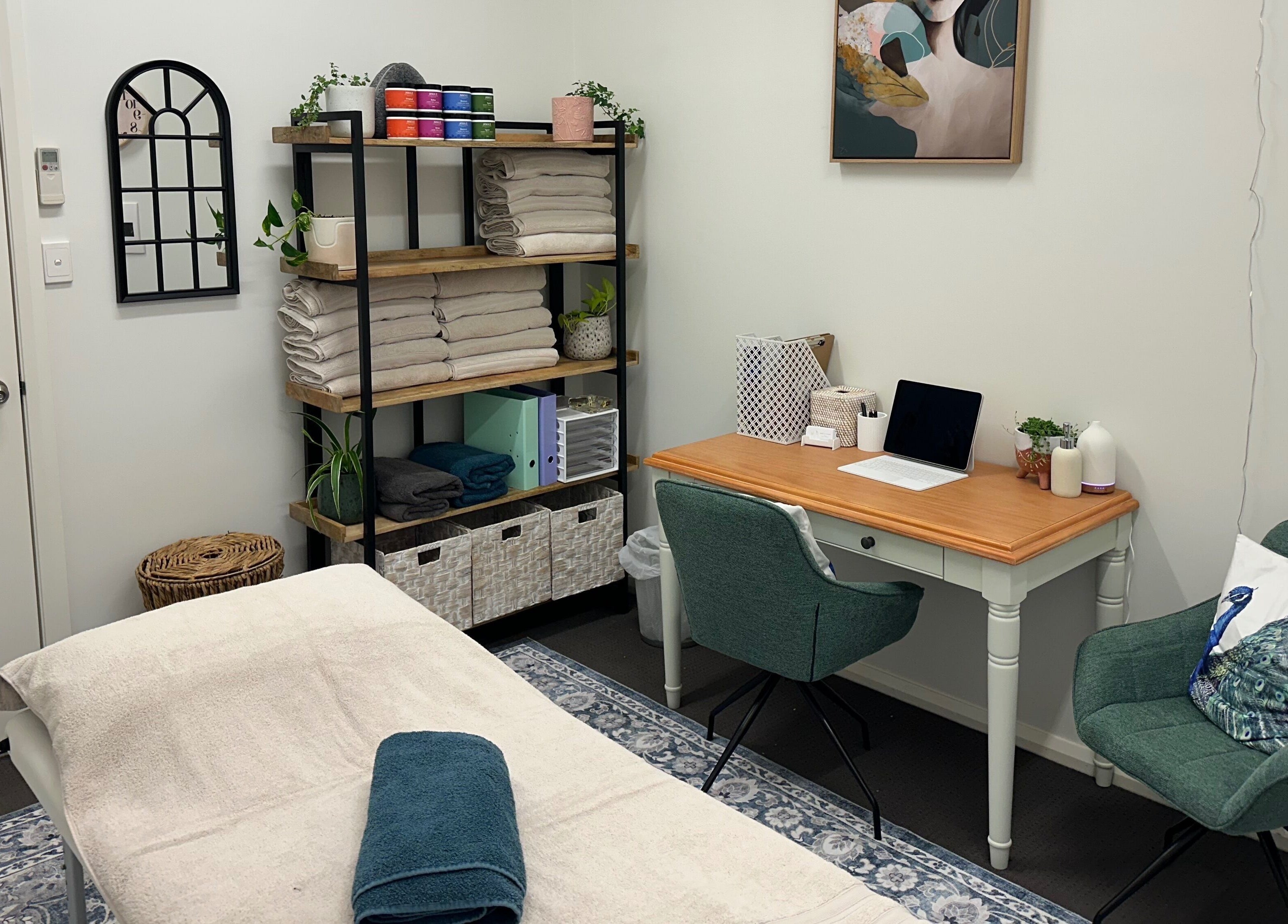 Calming therapy room at Gaia Holistic Therapies in Wagga Wagga, New South Wales, AU. Cozy decor and soothing atmosphere.