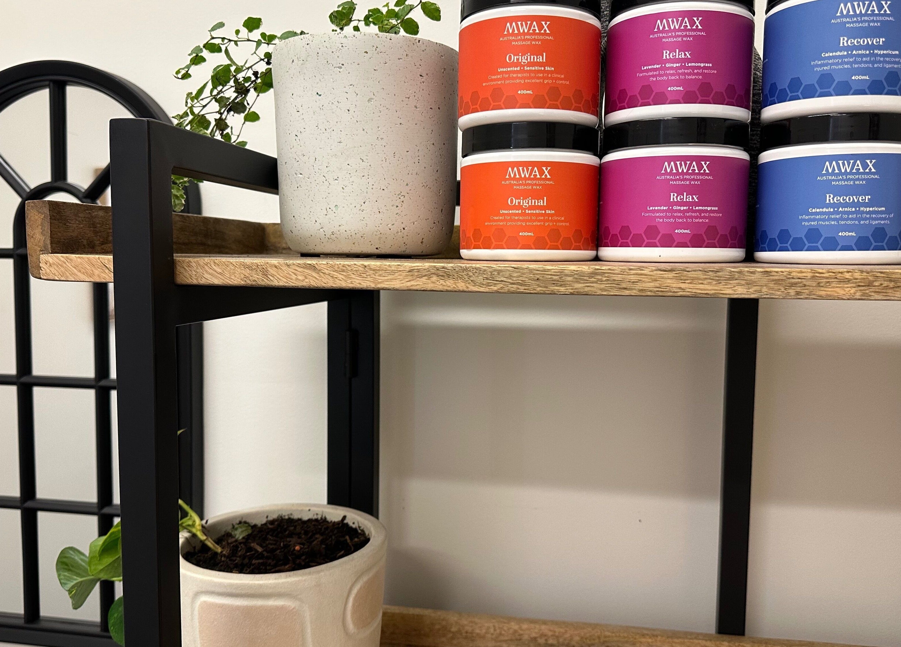 Stylish shelf at Gaia Holistic Therapies, Wagga Wagga, NSW, with plants and wellness products.