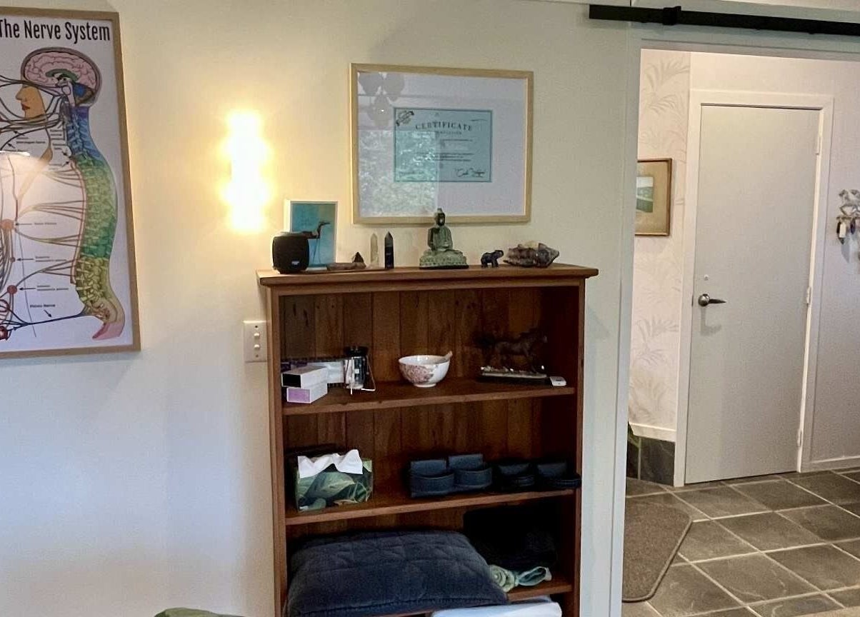 Omega Wellness room featuring nerve system chart and decor in Waimate North, Northland Region, NZ.