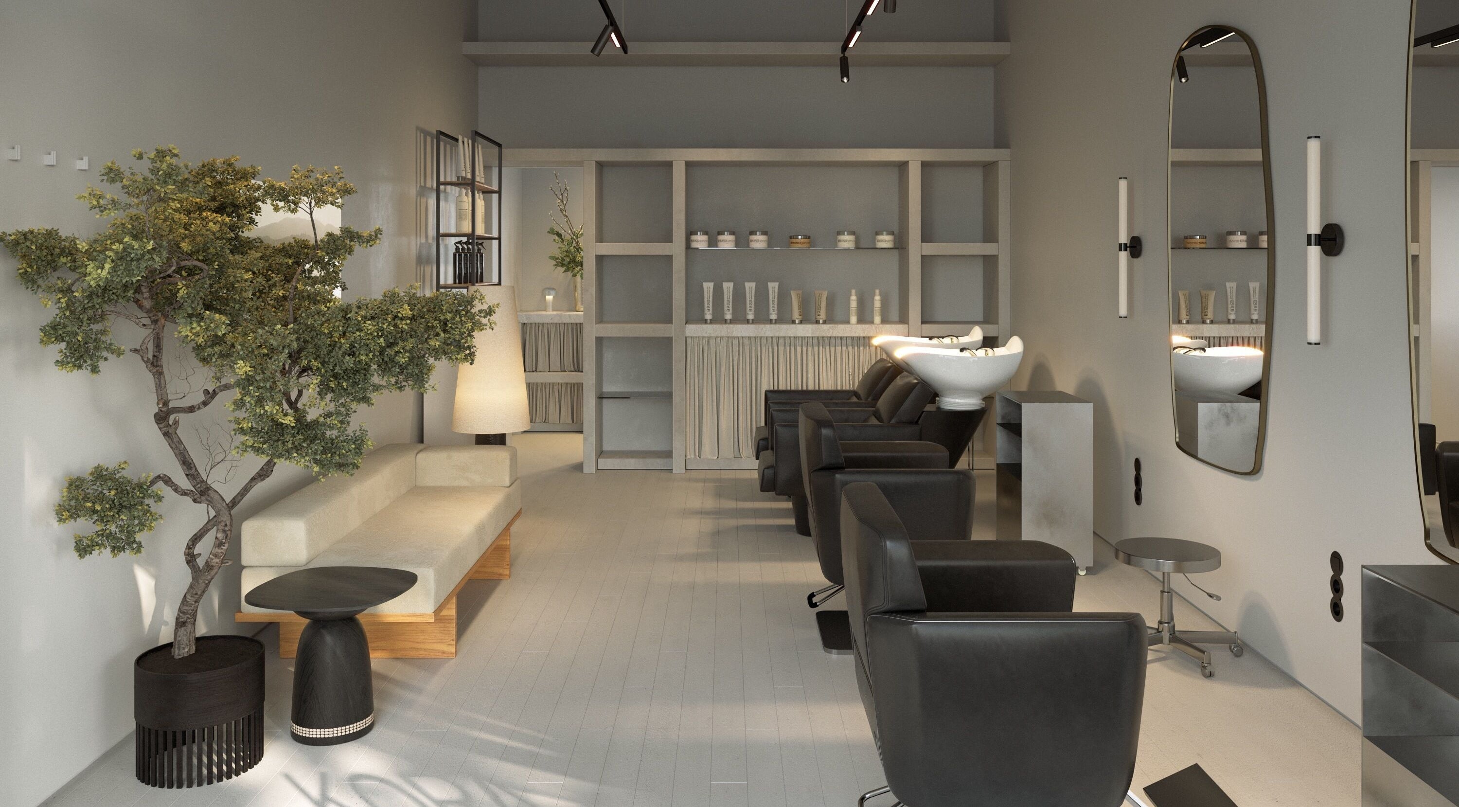 Elegant interior of Kora Beauty Space, Cascais, Lisboa, PT, featuring modern salon chairs and sleek decor.