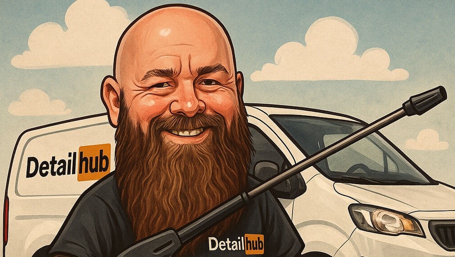 Artistic portrait of a bearded man with a van at Detail Hub, Southend-on-sea, GB.