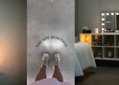Chic interior of AV BEAUTY STUDIO in Melbourne, Victoria, AU with a positive message and vanity setup.
