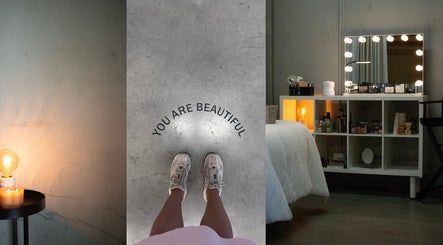 Chic interior of AV BEAUTY STUDIO in Melbourne, Victoria, AU with a positive message and vanity setup.