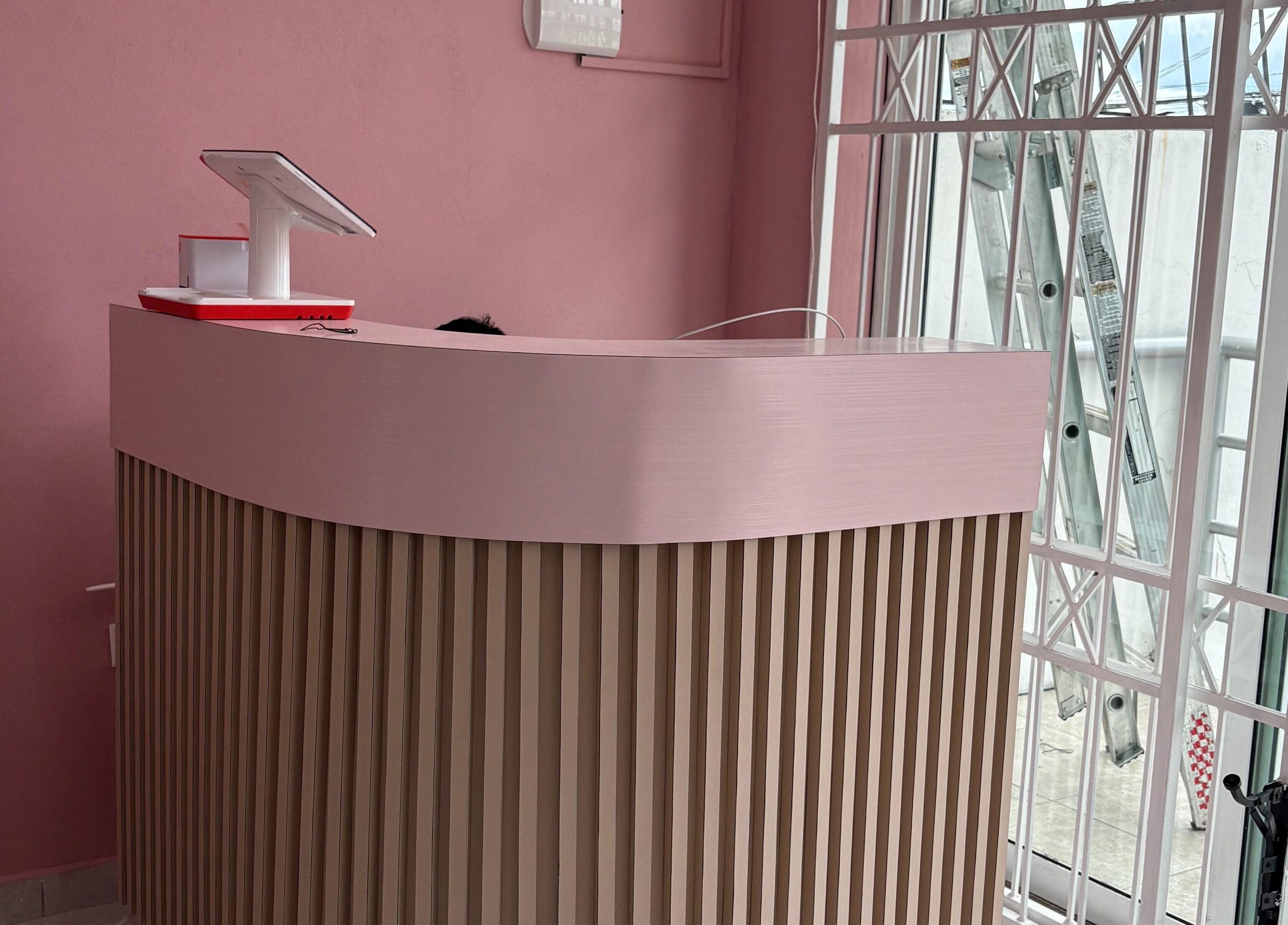 El mostrador rosado de la recepción en Coquette, San Andrés Cholula, Puebla, MX, con diseño moderno.