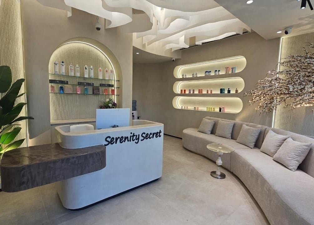 Serenity Secret Beauty Salon and Spa lobby, featuring modern design and plush seating in Dubai, AE.