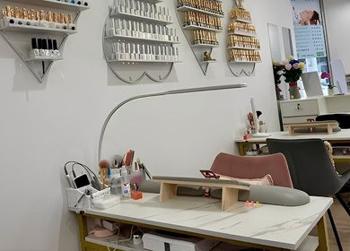 Nail station at Luna Nails & Beauty, Southport, Queensland, AU showcasing modern decor and organized beauty tools.