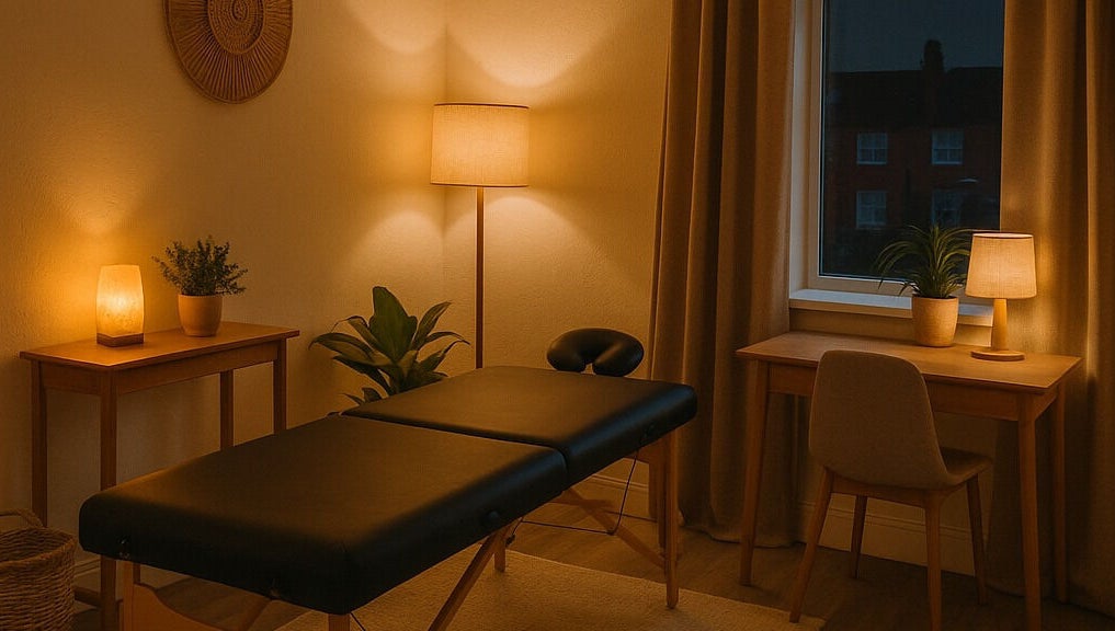 A calming massage room at Massage by Michaela J in Normanton, England, GB, featuring warm lighting.