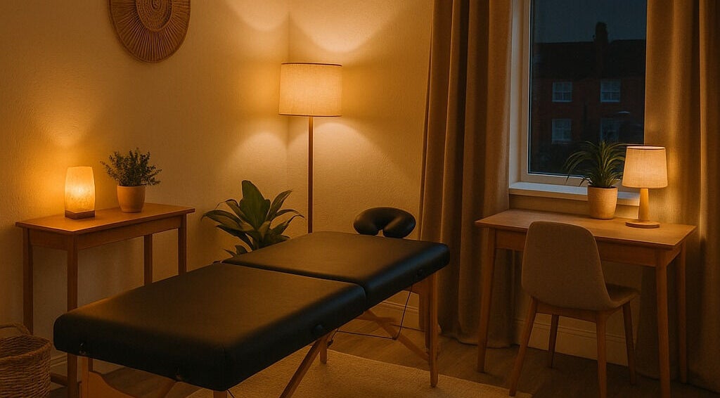 A calming massage room at Massage by Michaela J in Normanton, England, GB, featuring warm lighting.
