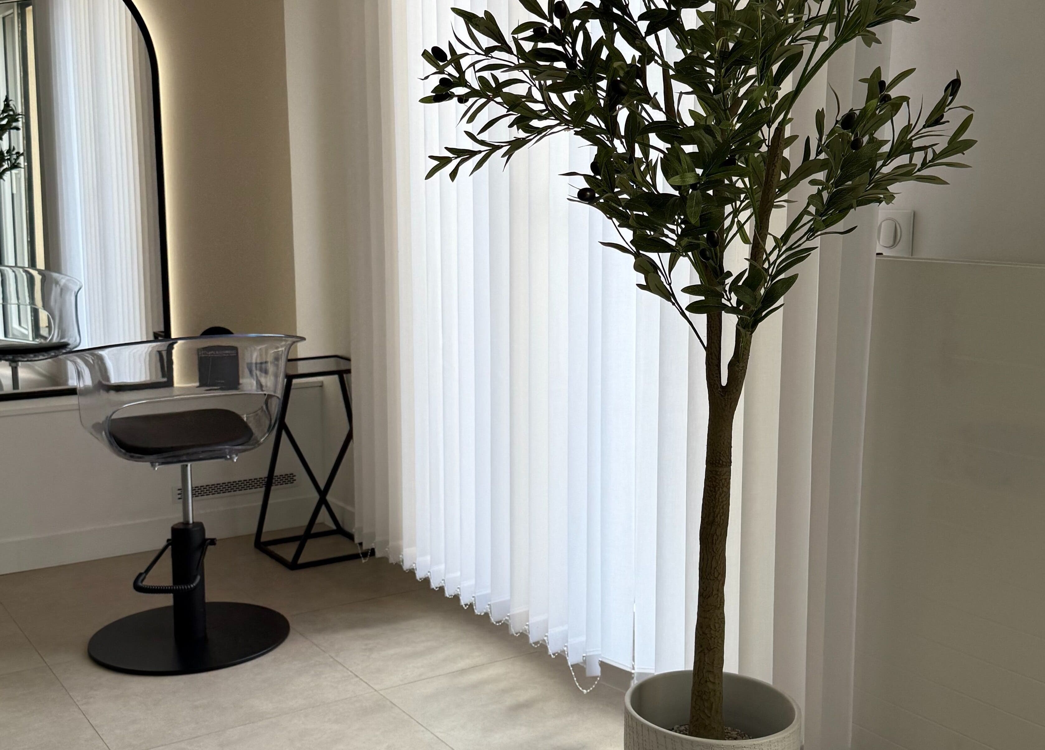 Intérieur chic de STUDIO CAPILLAIRE à Suresnes, Île-de-France, FR avec chaise moderne et plantes luxueuses.