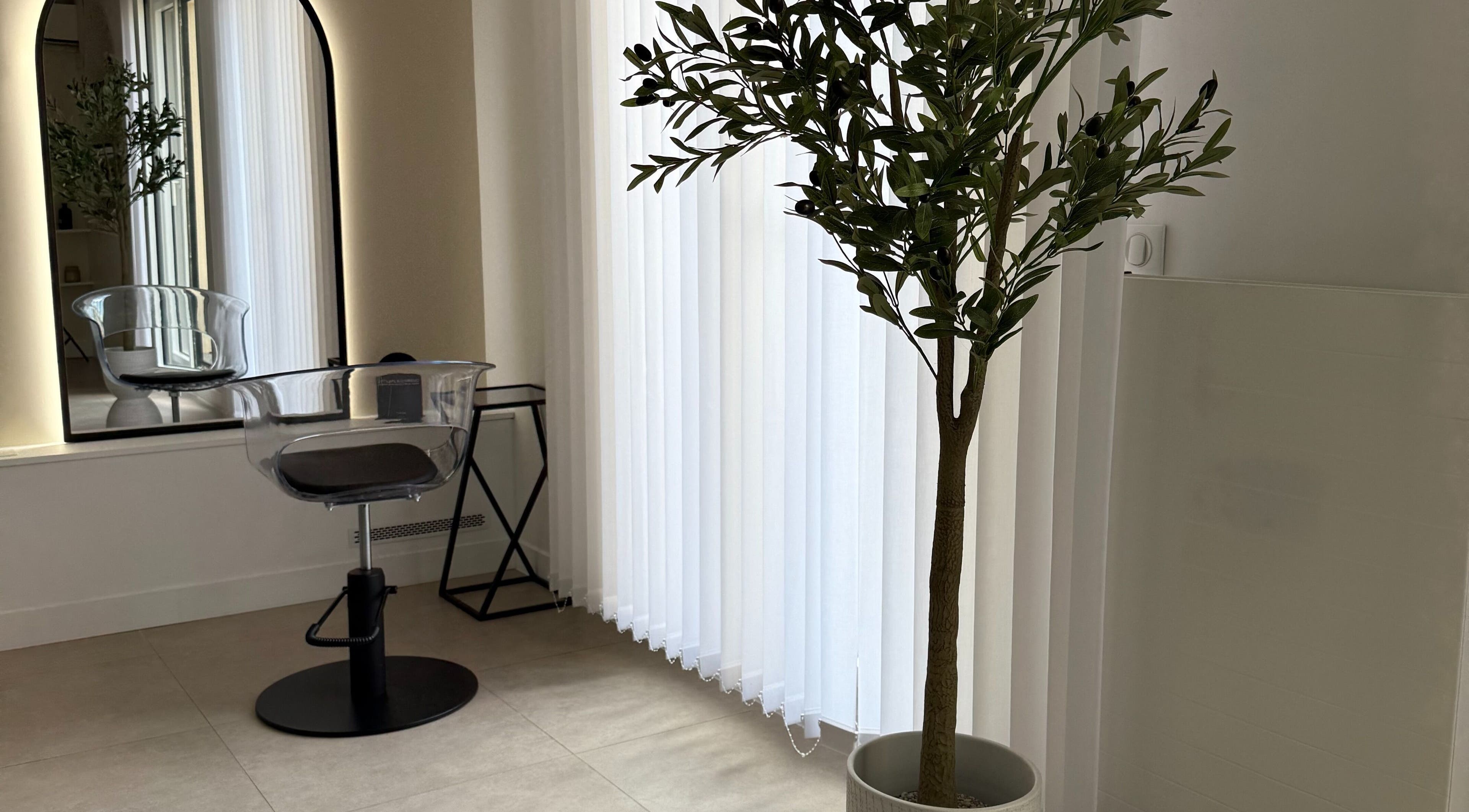 Intérieur chic de STUDIO CAPILLAIRE à Suresnes, Île-de-France, FR avec chaise moderne et plantes luxueuses.