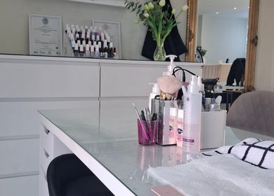 Elegant LKBeauty manicure station with tools and products in Preston, England, GB.