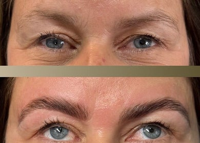 Before and after eyebrow enhancement at Soluna, Par, England, GB showcasing stunning beauty results.