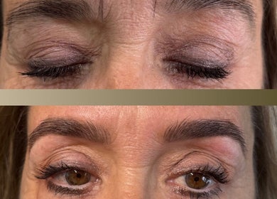 Before and after eyebrow treatment at Soluna, Par, England, GB showcasing enhanced look.