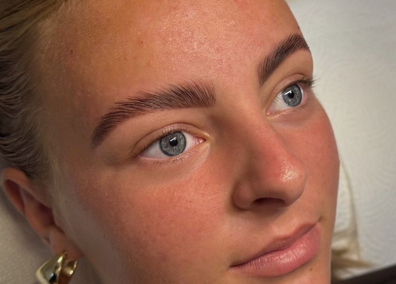 Close-up of sculpted eyebrows after a beauty treatment at Soluna, Par, England, GB.