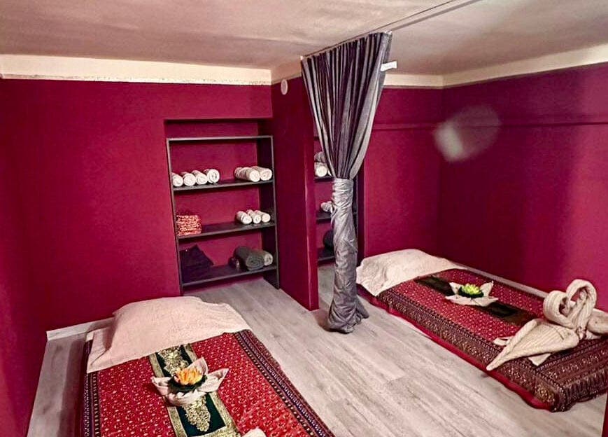 Relaxing massage room at Pavina Thai Massage - 1065 Budapest Lázár utca 12, Budapest, Magyar, HU with two beds.