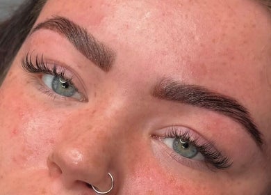 Close-up of expertly styled eyelashes and brows at Arch And Lash Co, Telford, England, GB.