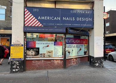 American Nail Design storefront in London, England, GB showcasing nail and beauty services.