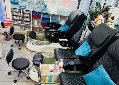 Luxurious pedicure chairs at American Nail Design, London, England, GB offer ultimate comfort and style.