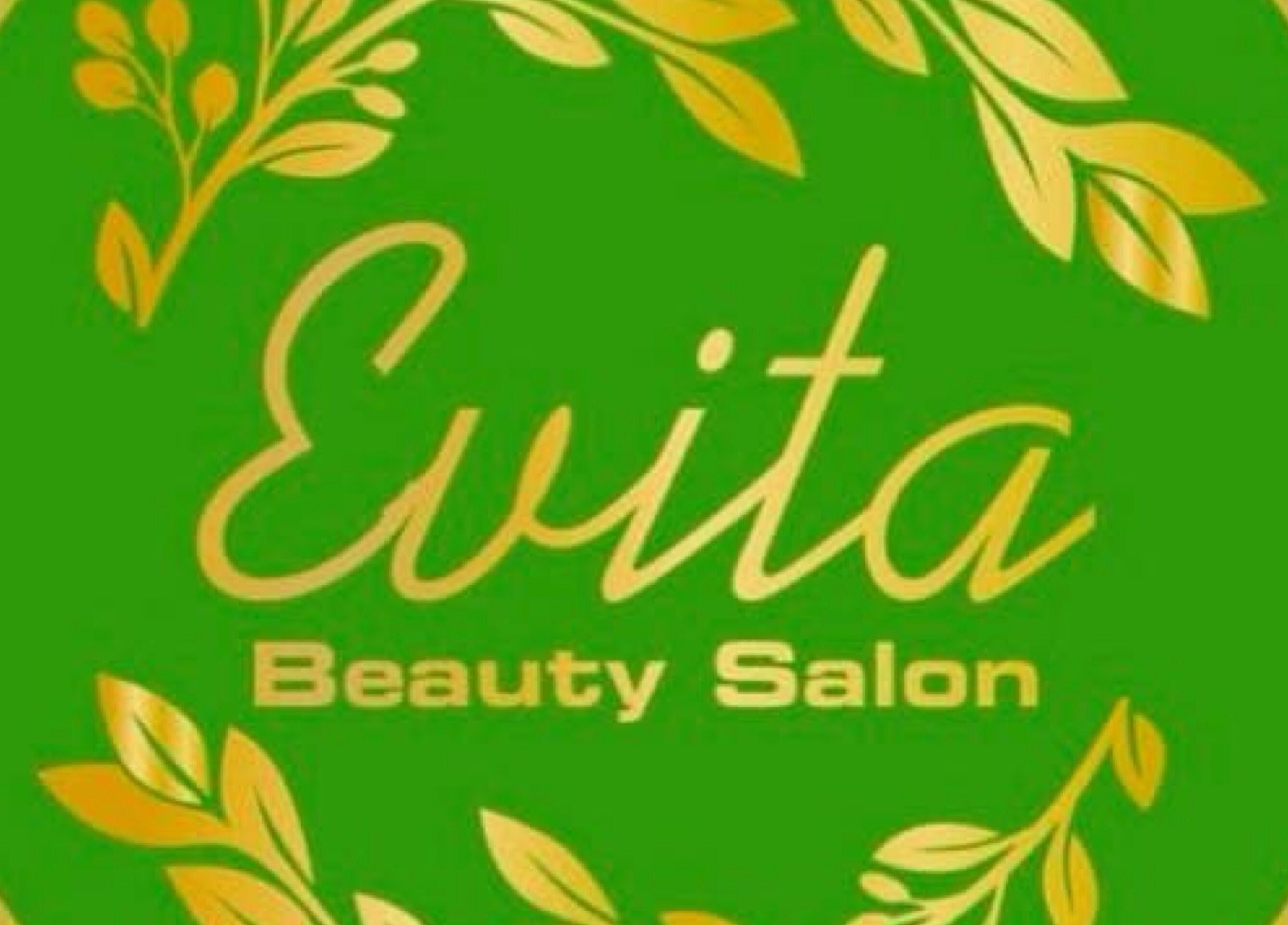 Logo van Evita Beauty Salon, Paramaribo, Paramaribo, SR met groene en gouden bladontwerpen.