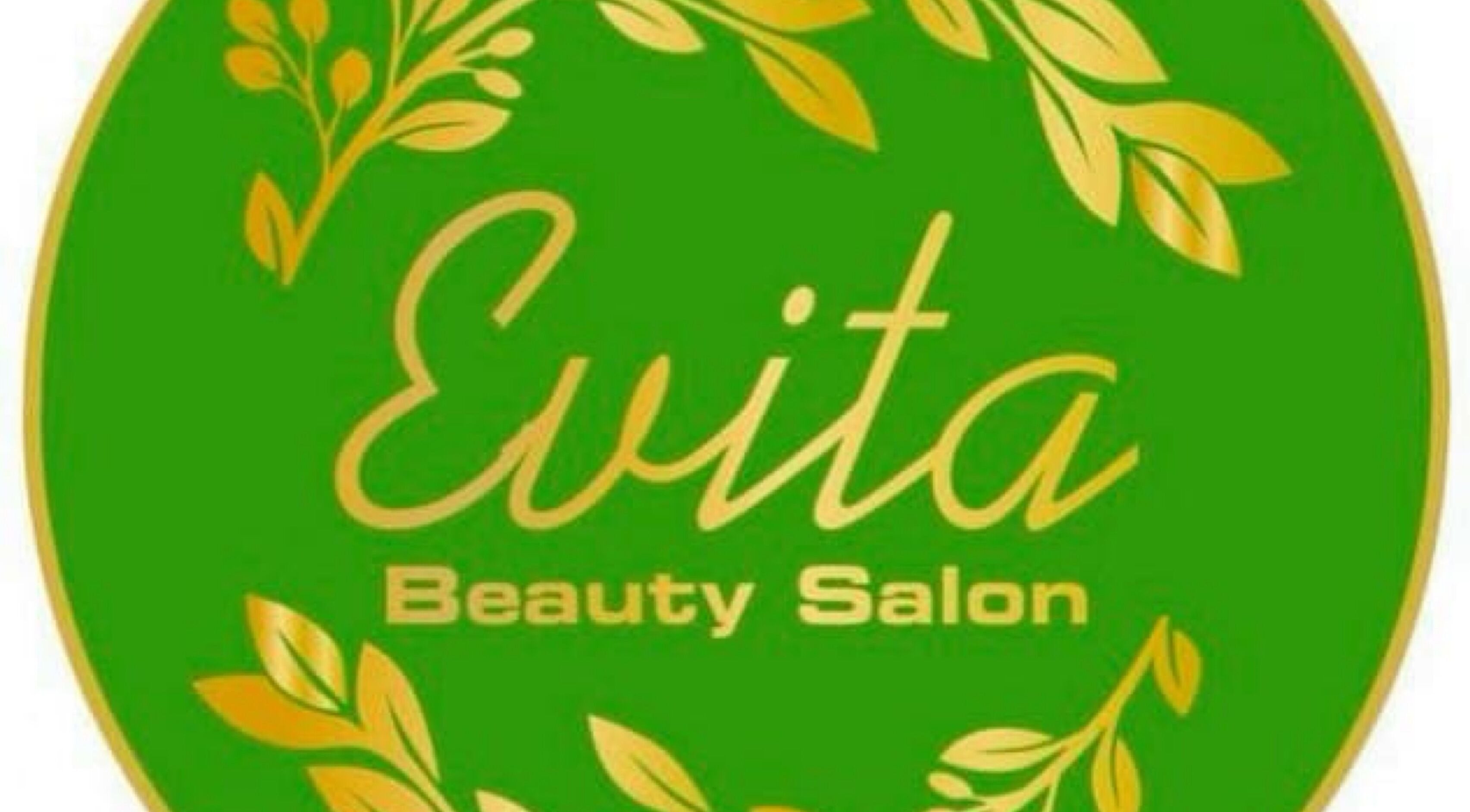 Logo van Evita Beauty Salon, Paramaribo, Paramaribo, SR met groene en gouden bladontwerpen.