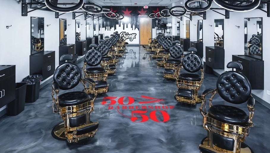 Elegant barber chairs at London Clippers, Lake Zurich, Illinois, US. Modern interior design.