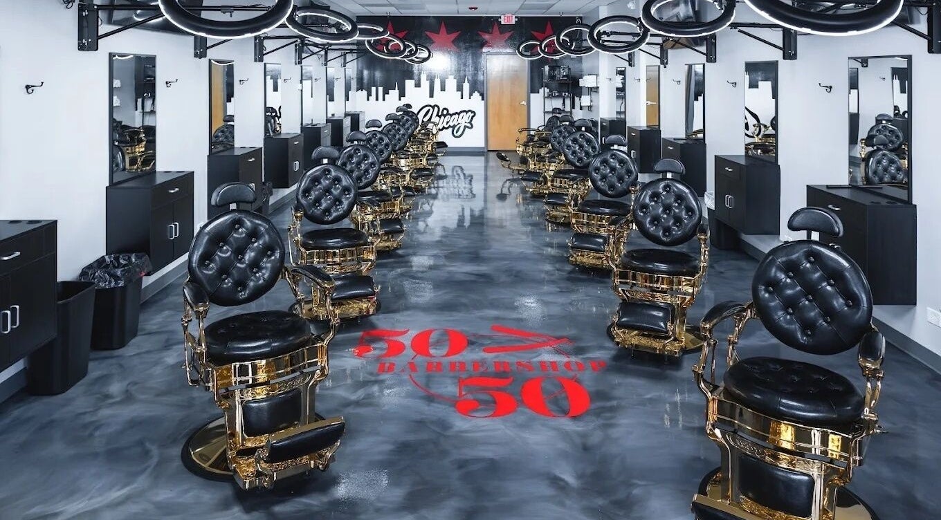 Elegant barber chairs at London Clippers, Lake Zurich, Illinois, US. Modern interior design.