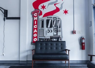 London Clippers venue with Chicago mural and modern seating in Lake Zurich, Illinois, US.