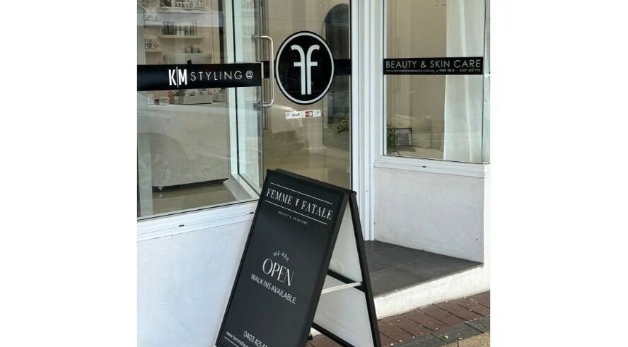 Femme Fatale Beauty and Skincare entrance in Jannali, New South Wales, AU with open sign displayed.