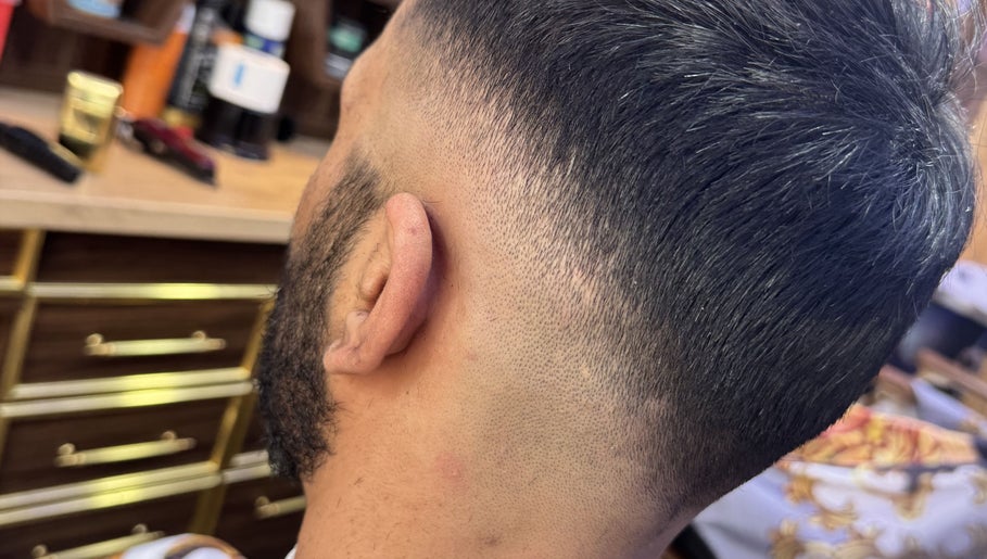 Close-up of a precision fade haircut at NBKTheBarber, located in Saint Helens, England, GB.