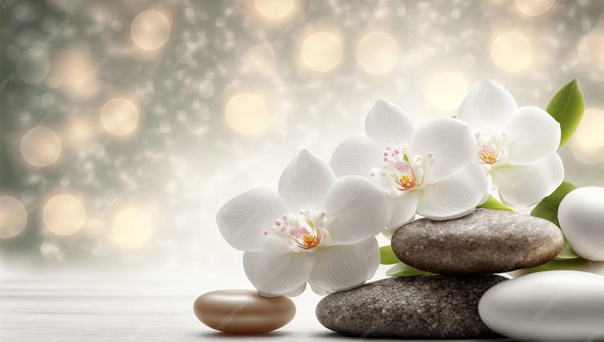 Orchids and stones create serenity at CS Sanctuary Wellness Spa, Plantation, Florida, US.