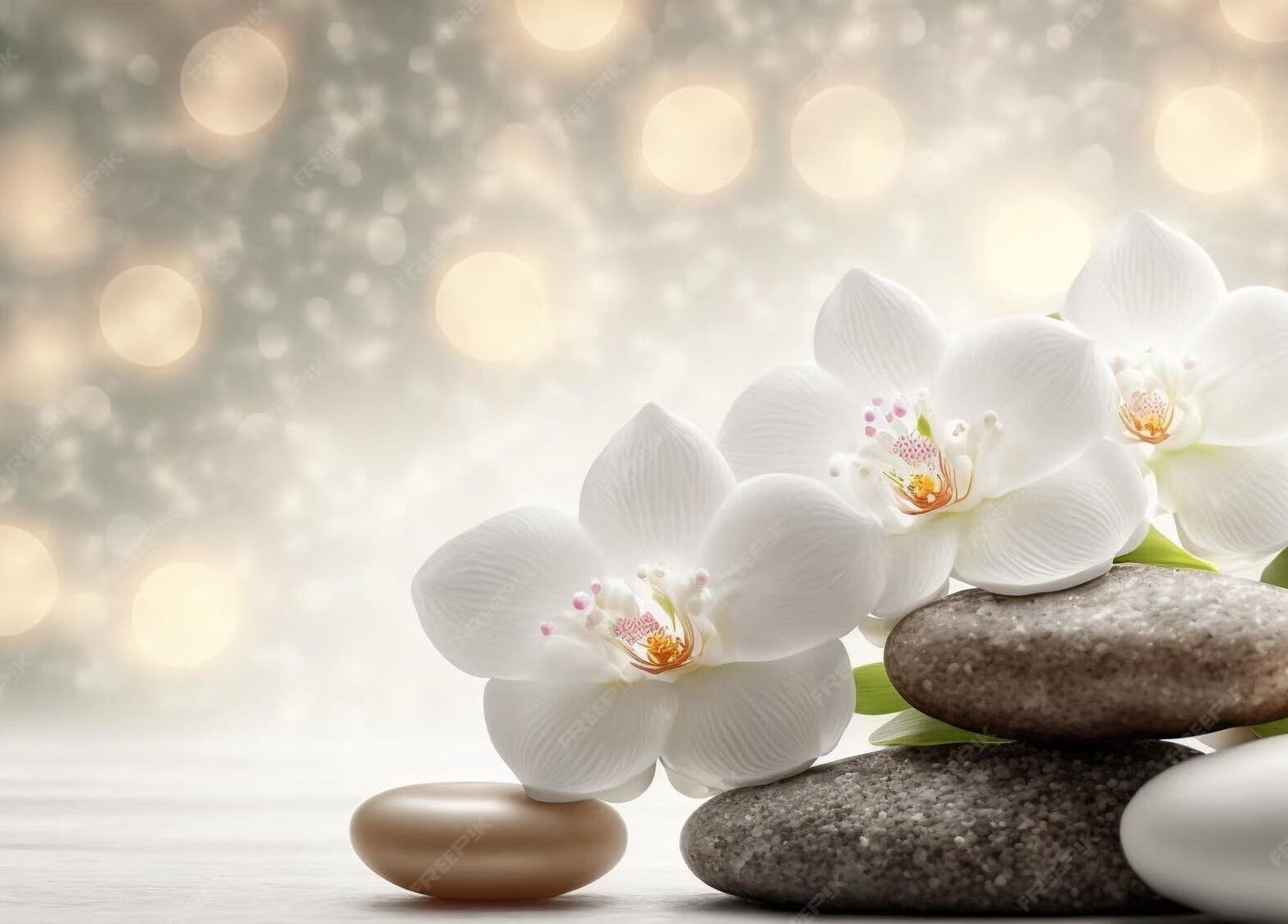 Orchids and stones create serenity at CS Sanctuary Wellness Spa, Plantation, Florida, US.