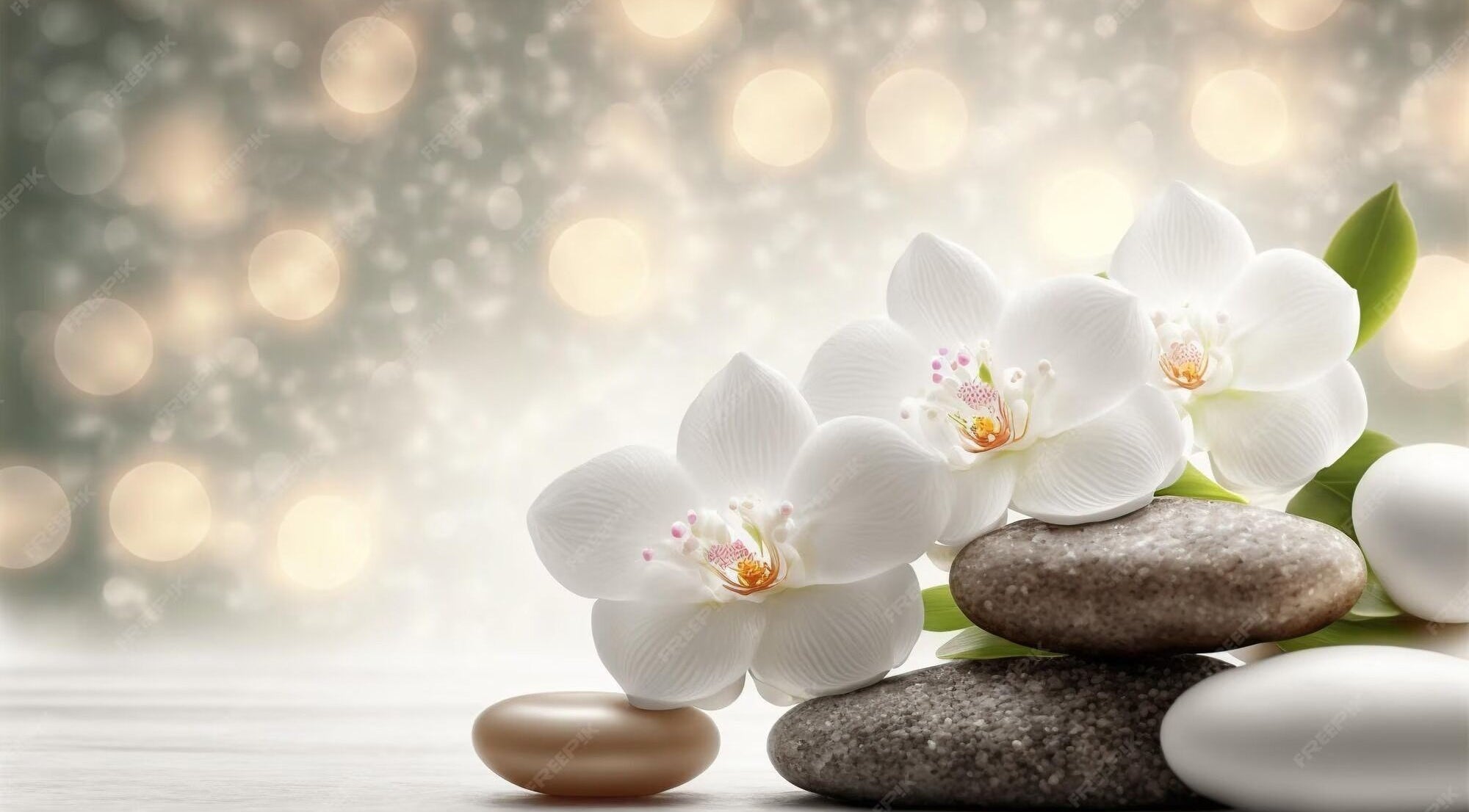 Orchids and stones create serenity at CS Sanctuary Wellness Spa, Plantation, Florida, US.