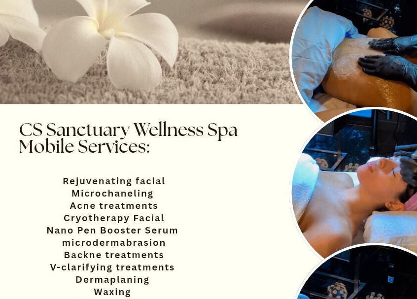 Menu of mobile spa services offered by CS Sanctuary Wellness Spa in Plantation, Florida, US.